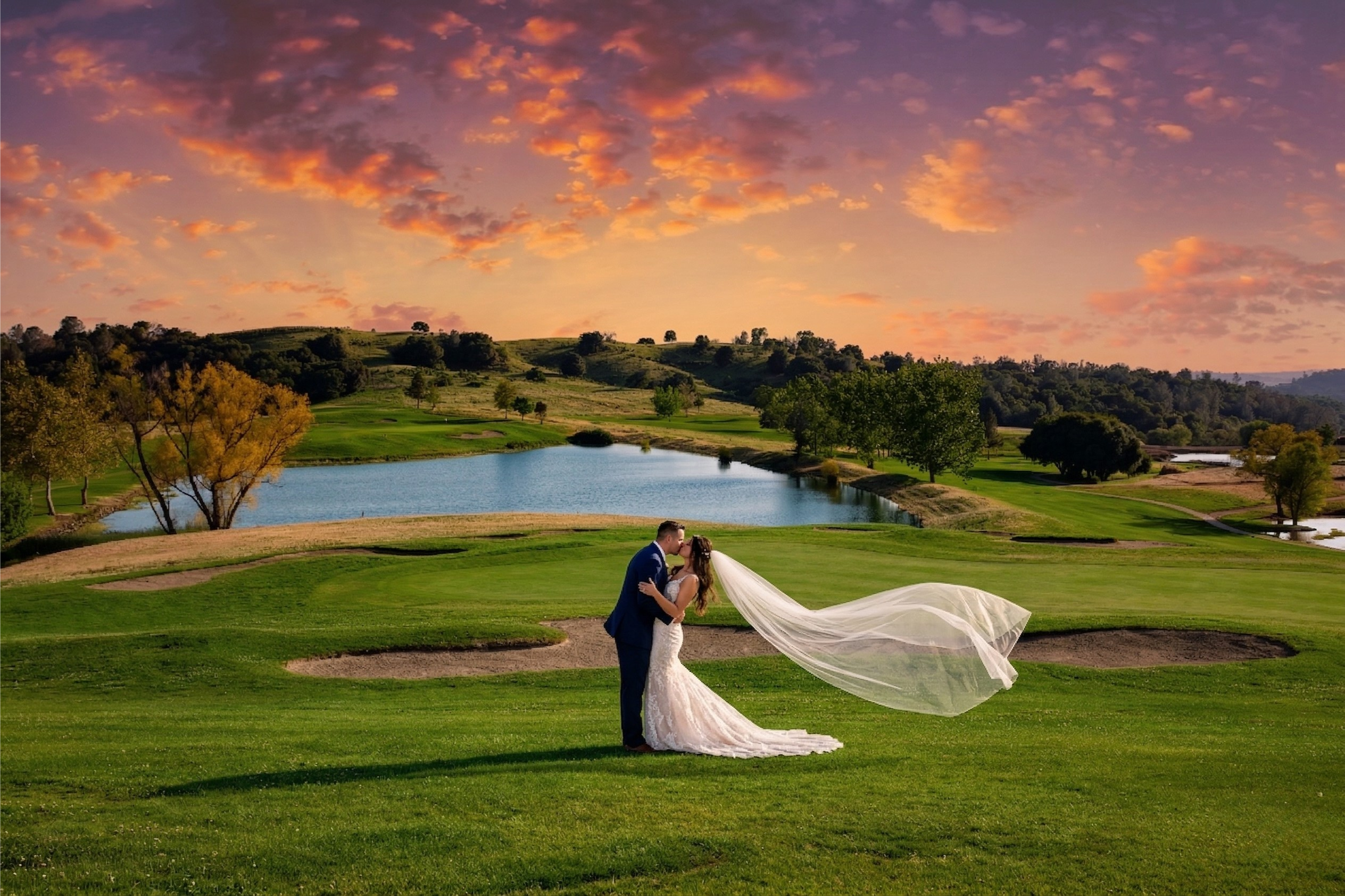 Bride and Groom Kissing Sunset